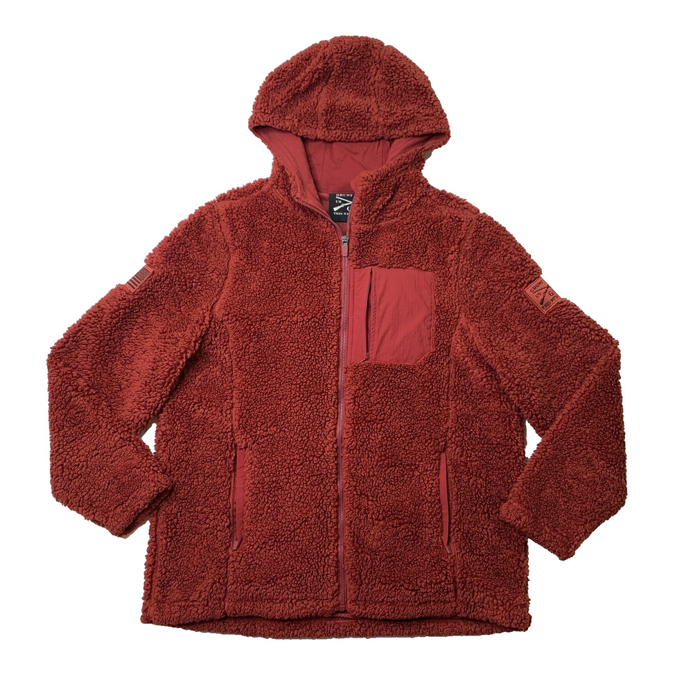 Grunt Style Jacket Mens M Medium Rust Red Faux Fur Pile Fleece Full Zip Hooded